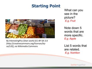 Starting Point
What can you
see in the
picture?
E.g. Fruit
Note down 5
words that are
more specific.
E.g. Apple
List 5 words that
are related.
E.g. Nutrition
By InterestingPics (Own work) [CC-BY-SA-3.0
(http://creativecommons.org/licenses/by-
sa/3.0)], via Wikimedia Commons
 
