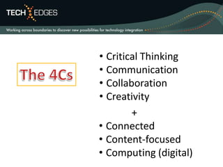• Critical Thinking
• Communication
• Collaboration
• Creativity
+
• Connected
• Content-focused
• Computing (digital)
 