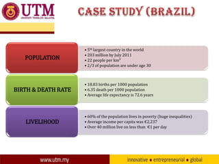 POPULATION

• 5th largest country in the world
• 203 million by July 2011
• 22 people per km²
• 2/3 of population are under age 30

BIRTH & DEATH RATE

• 18.83 births per 1000 population
• 6.35 death per 1000 population
• Average life expectancy is 72.6 years

LIVELIHOOD

• 60% of the population lives in poverty (huge inequalities)
• Average income per capita was €2,237
• Over 40 million live on less than €1 per day

 