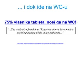 75% vlasnika tableta, nosi ga na WC!
“...The study also found that 13 percent of men have made a
mobile purchase while in ...