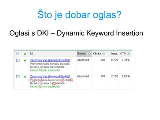 Što je dobar oglas?
Oglasi s DKI – Dynamic Keyword Insertion
 