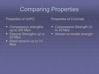 Comparing Properties
Properties of UHPC
 Compressive strengths
up to 200 Mpa
 Flexural Strengths up to
50 Mpa
 Direct tension up to 10
Mpa
Properties of Concrete
 Compressive Strength 25
to 35 Mpa
 Almost no tensile strength
 