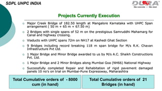  Major Creek Bridge of 182.50 length at Mangalore Karnataka with UHPC Span
arrangement ( 50 m + 65 m + 67.50 m)
 2 Bridges with single spans of 52 m on the prestigious Samruddhi Mahamarg for
Canal and highway crossing.
 Viaducts with UHPC spans 72m on NH17 at Kashedi Ghat Section
 9 Bridges including record breaking 118 m span bridge for M/s R.K. Chavan
Infrastructure Pvt Ltd.
 1 Major Bridge and Minor Bridge awarded to us by M/s A.C. Shaikh Constructions
Pvt. Ltd.
 1 Major Bridge and 2 Minor Bridges along Mumbai Goa (NH66) National Highway
 Successfully completed Repair and Rehabitation of rigid pavement damaged
panels 10 no's on trial on Mumbai-Pune Expressway, Maharashtra
Projects Currently Execution
SDPL UHPC INDIA
Total Cumulative orders of - 8000
cum (in hand)
Total Cumulative orders of 21
Bridges (in hand)
 