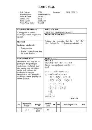 KARTU SOAL
Jenis Sekolah : SMA Penyusun : ACIK NUR, IS
Mata Pelajaran : MATEMATIKA
Bahan Kls/Smt : XI IPA /2
Bentuk Soal : Essay
Tahun Ajaran : 2012/2013
Aspek Yang Diukur : Kognitif
KOMPETENSI DASAR:
4. Menggunakan aturan
sukubanyak dalam penyelesaian
masalah.
BUKU SUMBER:
LKS MODUL MATEMATIKA tim HTS
RUMUSAN BUTIR SOAL:
Tentukan sisa pembagian dari f(x) = 3𝑥3
+ 5𝑥2
−
11𝑥 + 8 dibagi (3𝑥 − 1) dengan cara subtitusi……
MATERI:
Pembagian sukubanyak:
 Bentuk panjang.
 Sintetik Horner (bentuk linear
dan bentuk kuadrat).
INDIKATOR SOAL:
Menentukan hasil bagi dan sisa
pembagian dari pembagian
sukubanyak oleh bentuk linear
atau kuadrat serta menentukan
derajat hasil bagi dan sisa
pembagiannya dengan
menggunakan cara pembagian
sukubanyak bentuk panjang dan
sintetik (Horner).
NO SOAL : 2
KUNCI :
Diket : f(x) = 3𝑥3
+ 5𝑥2
− 11𝑥 + 8
Ditanya : sisa pembagian oleh (3𝑥 − 1)
Jawab :
(3𝑥 − 1) ---> 3x = 1 maka x =
1
3
f(x) = 3𝑥3
+ 5𝑥2
− 11𝑥 + 8
= 3(
1
3
)3
+ 5(
1
3
)2
− 11(
1
3
)+ 8
= 3(
1
27
) + 5(
1
9
) − 11(
1
3
)+ 8
=
3
27
+
5
9
−
11
3
+ 8
=
3
27
+
15
27
−
99
27
+
216
27
=
135
27
= 5
Jadi S (x ) = 5
Skor : 25
No.
Digunakan
Untuk
Tanggal
Jumlah
Siswa
TK DP Keterangan Soal Ket
1 UH 1
27 Pebruari
2013
37
 