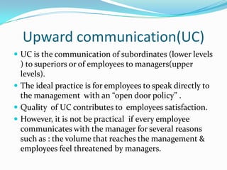 Upward communication(UC)UC is the communication of subordinates (lower levels ) to superiors or of employees to managers(upper levels). The ideal practice is for employees to speak directly to the management  with an “open door policy” .Quality  of UC contributes to  employees satisfaction.However, it is not be practical  if every employee communicates with the manager for several reasons such as : the volume that reaches the management & employees feel threatened by managers.