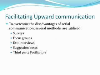 Facilitating Upward communicationTo overcome the disadvantages of serial communication, several methods  are  utilised:SurveysFocus groups Exit InterviewsSuggestion boxesThird party Facilitators
