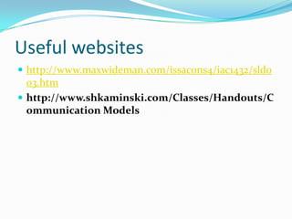 Useful websites http://www.maxwideman.com/issacons4/iac1432/sld003.htmhttp://www.shkaminski.com/Classes/Handouts/Communication Models