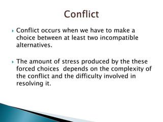 Conflict occurs when we have to make a choice between at least two incompatible  alternatives.The amount of stress produced by the these forced choices  depends on the complexity of the conflict and the difficulty involved in resolving it. Conflict