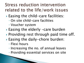 Easing the child-care facilities:On site child-care facilitiesVoucher systemEasing the elderly –care burden Providing rest through paid time off.Easing the daily-chore burden:Flexi hours Increasing the no. of annual leavesProviding essential services on siteStress reduction intervention related to the life/work issues