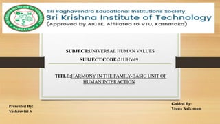 SUBJECT:UNIVERSAL HUMAN VALUES
SUBJECT CODE:21UHV49
TITLE:HARMONY IN THE FAMILY-BASIC UNIT OF
HUMAN INTERACTION
Presented By:
Yashaswini S
Guided By:
Veena Naik mam
 