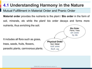 4.1 Understanding Harmony in the Nature
Mutual Fulfillment in Material Order and Pranic Order
Material order provides the nutrients to the plant / Bio order in the form of
soil, minerals, etc while the plant/ bio order decays and forms more
nutrients, thus enriching the soil.
It includes all flora such as grass,
trees, seeds, fruits, flowers,
parasitic plants, carnivorous plants.
20MC002-Universal Human values-2
 