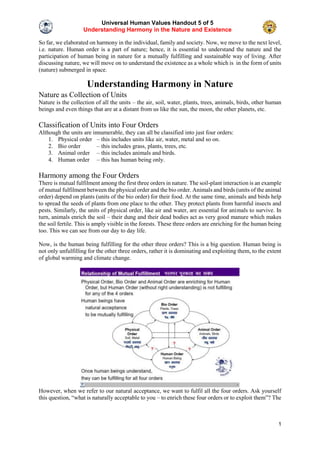 Universal Human Values Handout 5 of 5
Understanding Harmony in the Nature and Existence
1
So far, we elaborated on harmony in the individual, family and society. Now, we move to the next level,
i.e. nature. Human order is a part of nature; hence, it is essential to understand the nature and the
participation of human being in nature for a mutually fulfilling and sustainable way of living. After
discussing nature, we will move on to understand the existence as a whole which is in the form of units
(nature) submerged in space.
Understanding Harmony in Nature
Nature as Collection of Units
Nature is the collection of all the units – the air, soil, water, plants, trees, animals, birds, other human
beings and even things that are at a distant from us like the sun, the moon, the other planets, etc.
Classification of Units into Four Orders
Although the units are innumerable, they can all be classified into just four orders:
1. Physical order – this includes units like air, water, metal and so on.
2. Bio order – this includes grass, plants, trees, etc.
3. Animal order – this includes animals and birds.
4. Human order – this has human being only.
Harmony among the Four Orders
There is mutual fulfilment among the first three orders in nature. The soil-plant interaction is an example
of mutual fulfilment between the physical order and the bio order. Animals and birds (units of the animal
order) depend on plants (units of the bio order) for their food. At the same time, animals and birds help
to spread the seeds of plants from one place to the other. They protect plants from harmful insects and
pests. Similarly, the units of physical order, like air and water, are essential for animals to survive. In
turn, animals enrich the soil – their dung and their dead bodies act as very good manure which makes
the soil fertile. This is amply visible in the forests. These three orders are enriching for the human being
too. This we can see from our day to day life.
Now, is the human being fulfilling for the other three orders? This is a big question. Human being is
not only unfulfilling for the other three orders, rather it is dominating and exploiting them, to the extent
of global warming and climate change.
However, when we refer to our natural acceptance, we want to fulfil all the four orders. Ask yourself
this question, “what is naturally acceptable to you – to enrich these four orders or to exploit them”? The
 