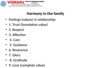 Harmony in the family
• Feelings (values) in relationship:
• 1. Trust (foundation value)
• 2. Respect
• 3. Affection
• 4. Care
• 5. Guidance
• 6. Reverence
• 7. Glory
• 8. Gratitude
• 9. Love (complete value)
 