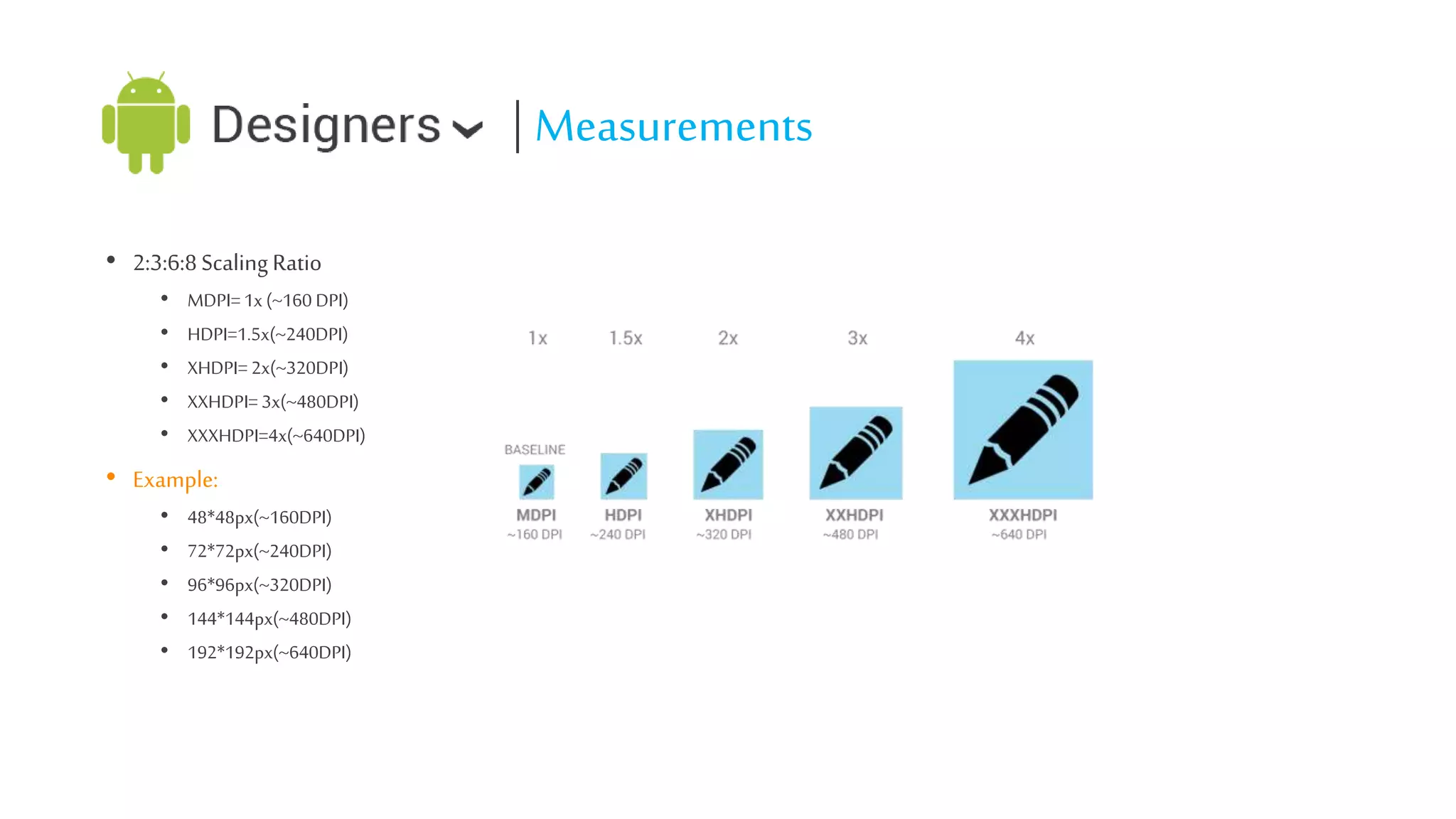| Measurements
• 2:3:6:8 Scaling Ratio
•
•
•
•
•

MDPI= 1x (~160 DPI)
HDPI=1.5x(~240DPI)
XHDPI= 2x(~320DPI)
XXHDPI= 3x(~480DPI)
XXXHDPI=4x(~640DPI)

• Example:
•
•
•
•
•

48*48px(~160DPI)
72*72px(~240DPI)
96*96px(~320DPI)
144*144px(~480DPI)
192*192px(~640DPI)

 