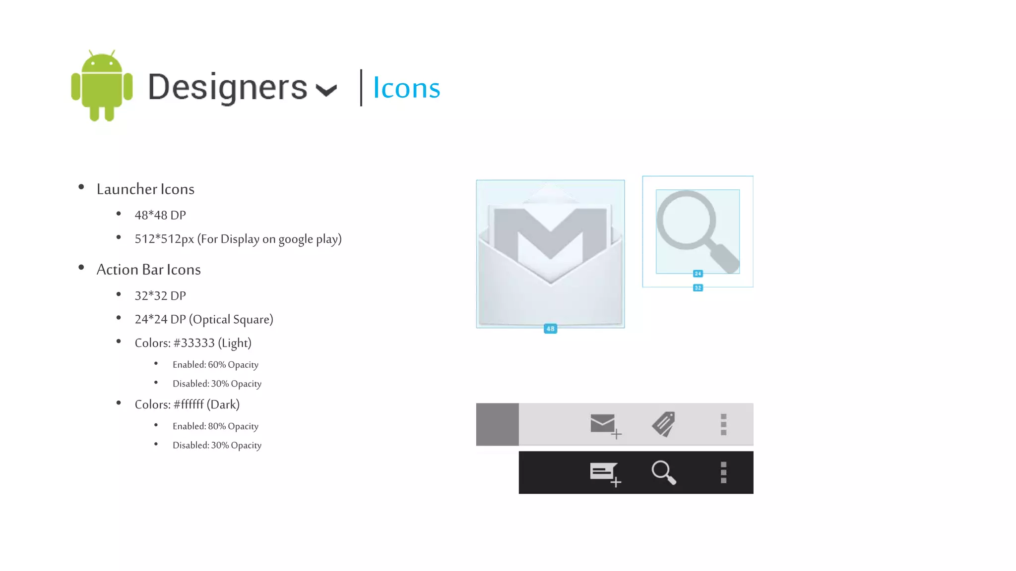 | Icons
• Launcher Icons
• 48*48 DP
• 512*512px (For Display on google play)

• Action Bar Icons
• 32*32 DP
• 24*24 DP (Optical Square)
• Colors: #33333 (Light)
•
•

Enabled: 60% Opacity
Disabled: 30% Opacity

• Colors: #ffffff (Dark)
•
•

Enabled: 80% Opacity
Disabled: 30% Opacity

 