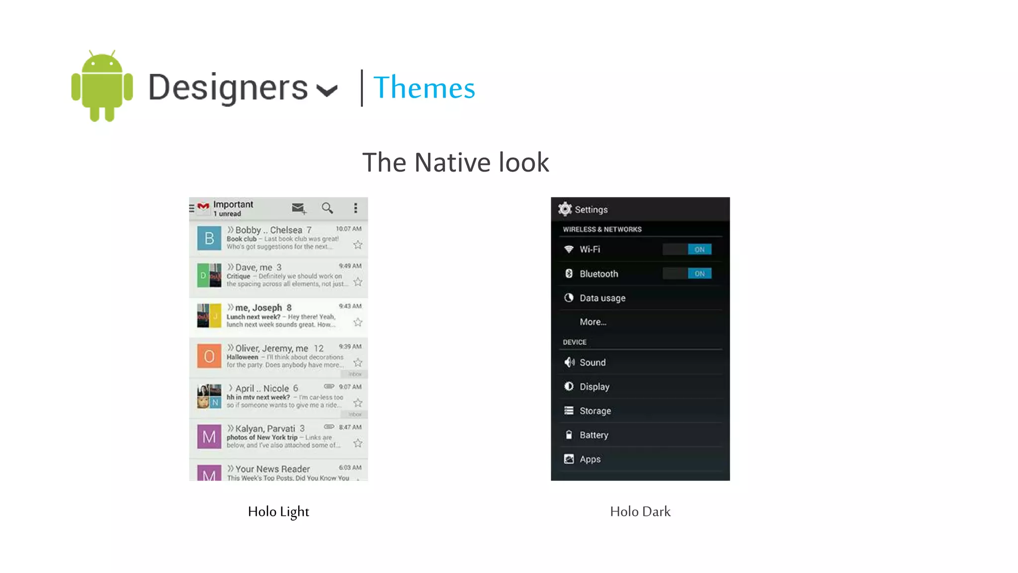 | Themes
The Native look

Holo Light

Holo Dark

 