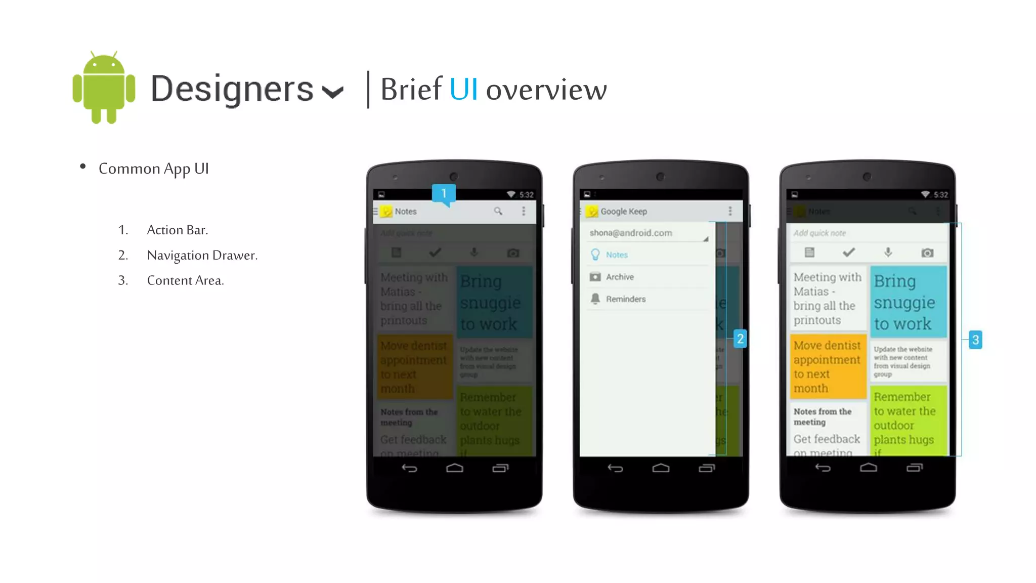 | Brief UI overview
• Common App UI
1.
2.
3.

Action Bar.
Navigation Drawer.
Content Area.

 