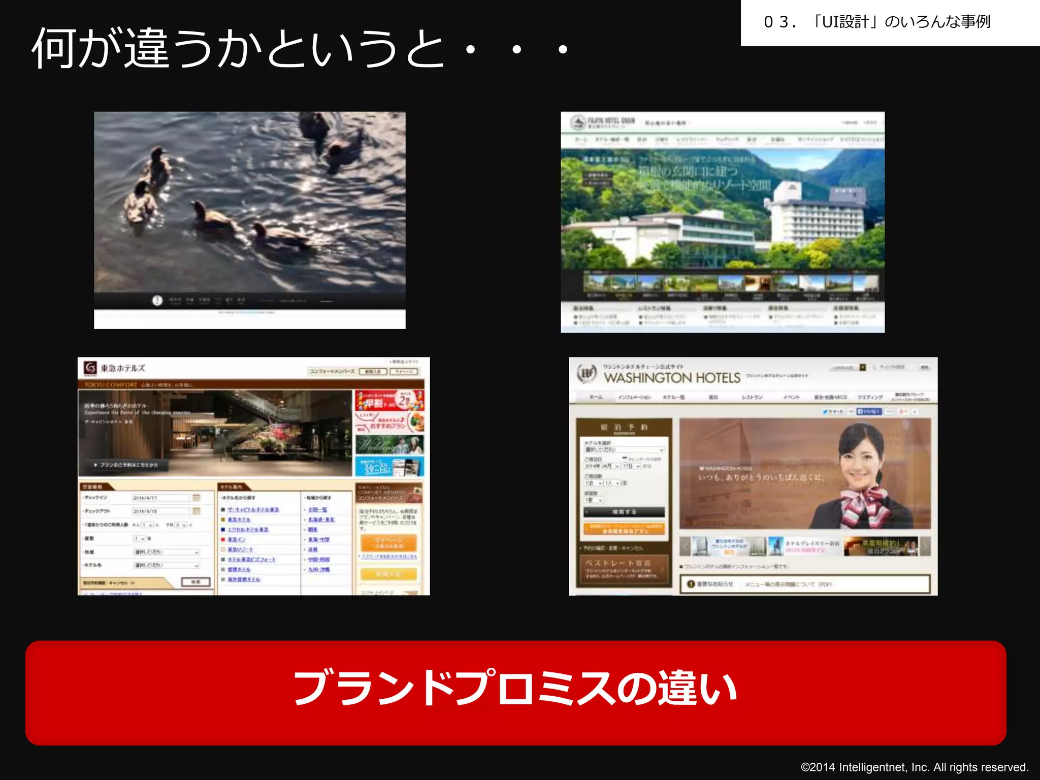 ０３．「UI設計」のいろんな事例 
©2014 Intelligentnet, Inc. All rights reserved. 
何が違うかというと・・・ 
ブランドプロミスの違い 
 