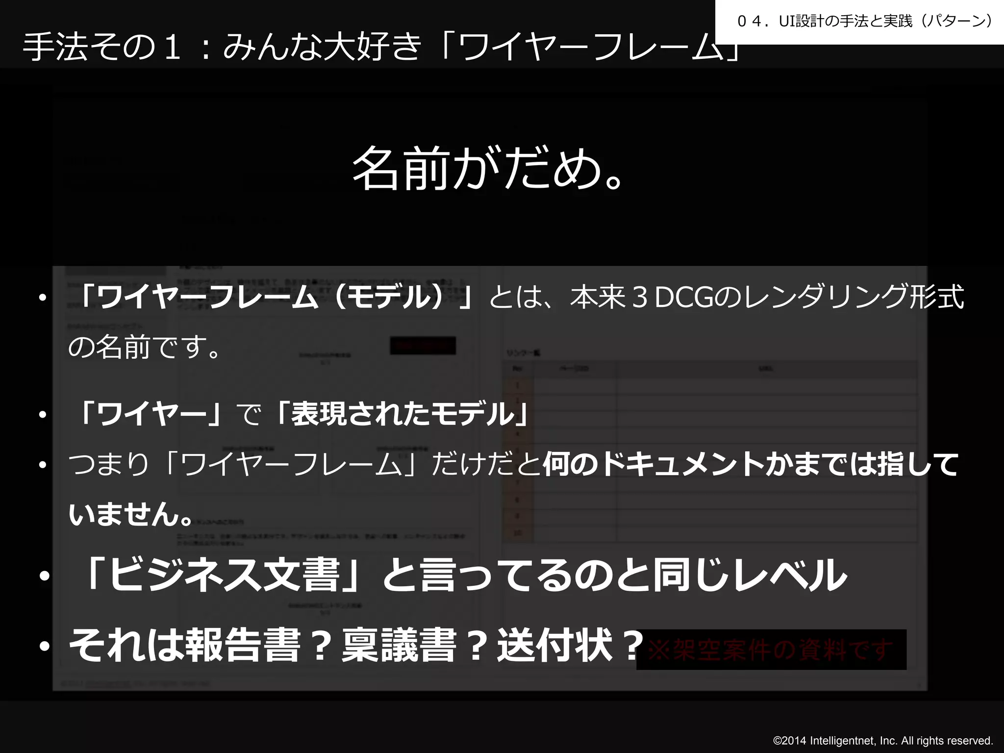 ０４．UI設計の手法と実践（パターン） 
手法その１：みんな大好き「ワイヤーフレーム」 
※架空案件の資料です 
©2014 Intelligentnet, Inc. All rights reserved. 
名前がだめ。 
• 「ワイヤーフレーム（モデル）」とは、本来３DCGのレンダリング形式 
の名前です。 
• 「ワイヤー」で「表現されたモデル」 
• つまり「ワイヤーフレーム」だけだと何のドキュメントかまでは指して 
いません。 
• 「ビジネス文書」と言ってるのと同じレベル 
• それは報告書？稟議書？送付状？ 
 