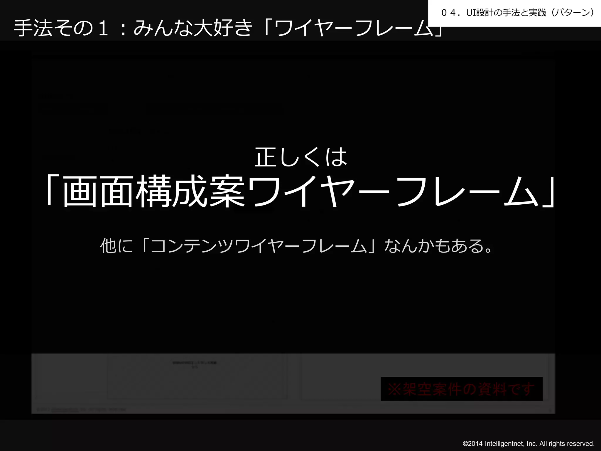 ０４．UI設計の手法と実践（パターン） 
手法その１：みんな大好き「ワイヤーフレーム」 
※架空案件の資料です 
©2014 Intelligentnet, Inc. All rights reserved. 
正しくは 
「画面構成案ワイヤーフレーム」 
他に「コンテンツワイヤーフレーム」なんかもある。 
 