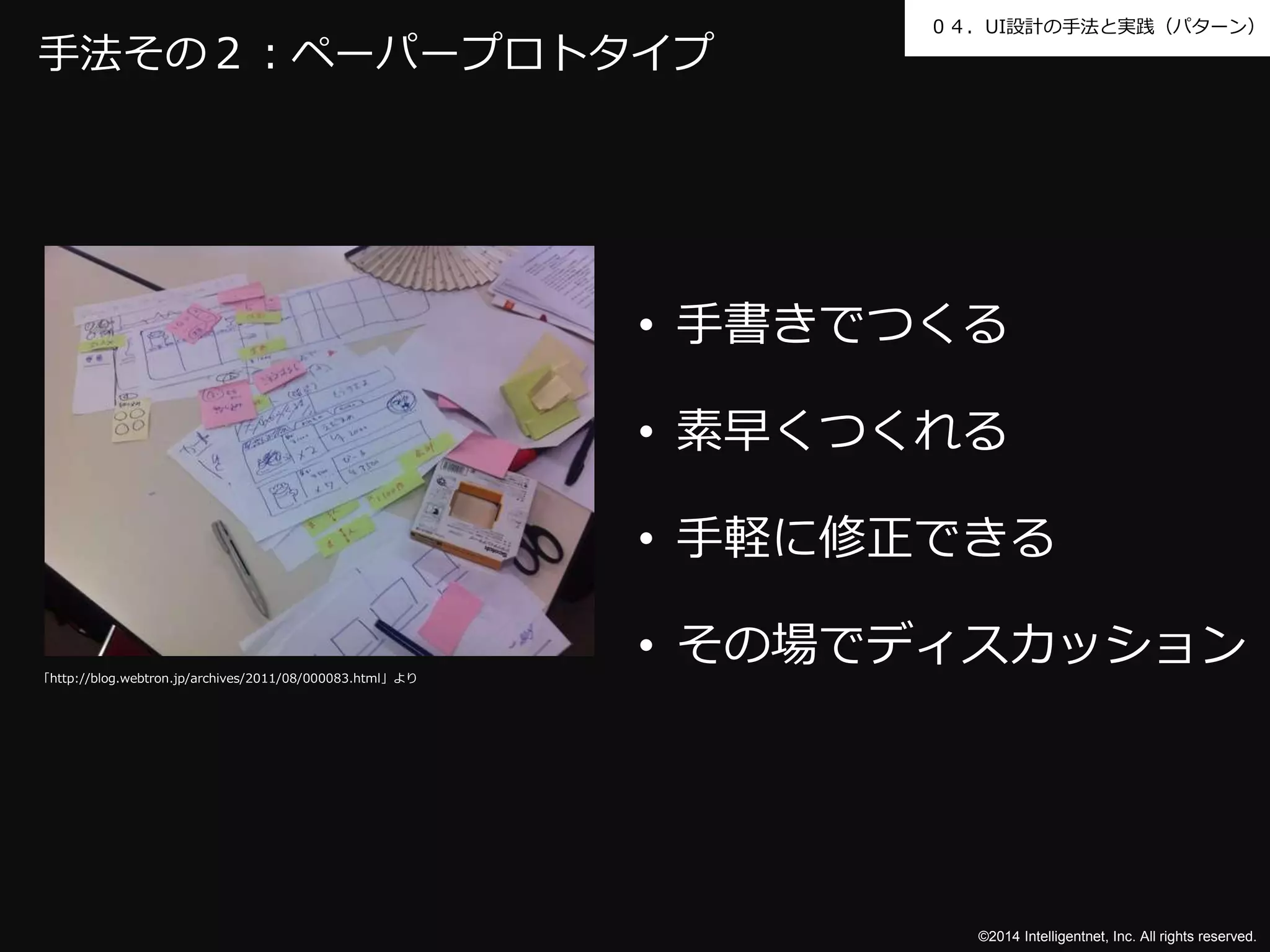 ０４．UI設計の手法と実践（パターン） 
©2014 Intelligentnet, Inc. All rights reserved. 
手法その２：ペーパープロトタイプ 
• 手書きでつくる 
• 素早くつくれる 
• 手軽に修正できる 
• その場でディスカッション 
「http://blog.webtron.jp/archives/2011/08/000083.html」より 
 
