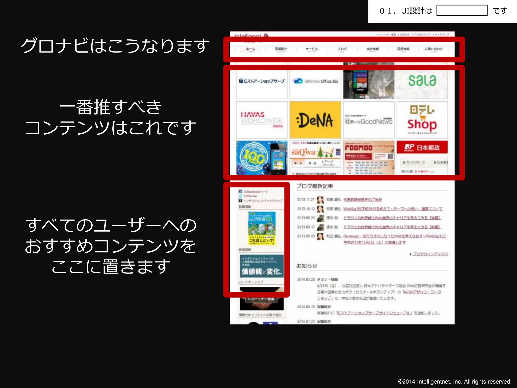 ０１．UI設計はです 
©2014 Intelligentnet, Inc. All rights reserved. 
グロナビはこうなります 
一番推すべき 
コンテンツはこれです 
すべてのユーザーへの 
おすすめコンテンツを 
ここに置きます 
 