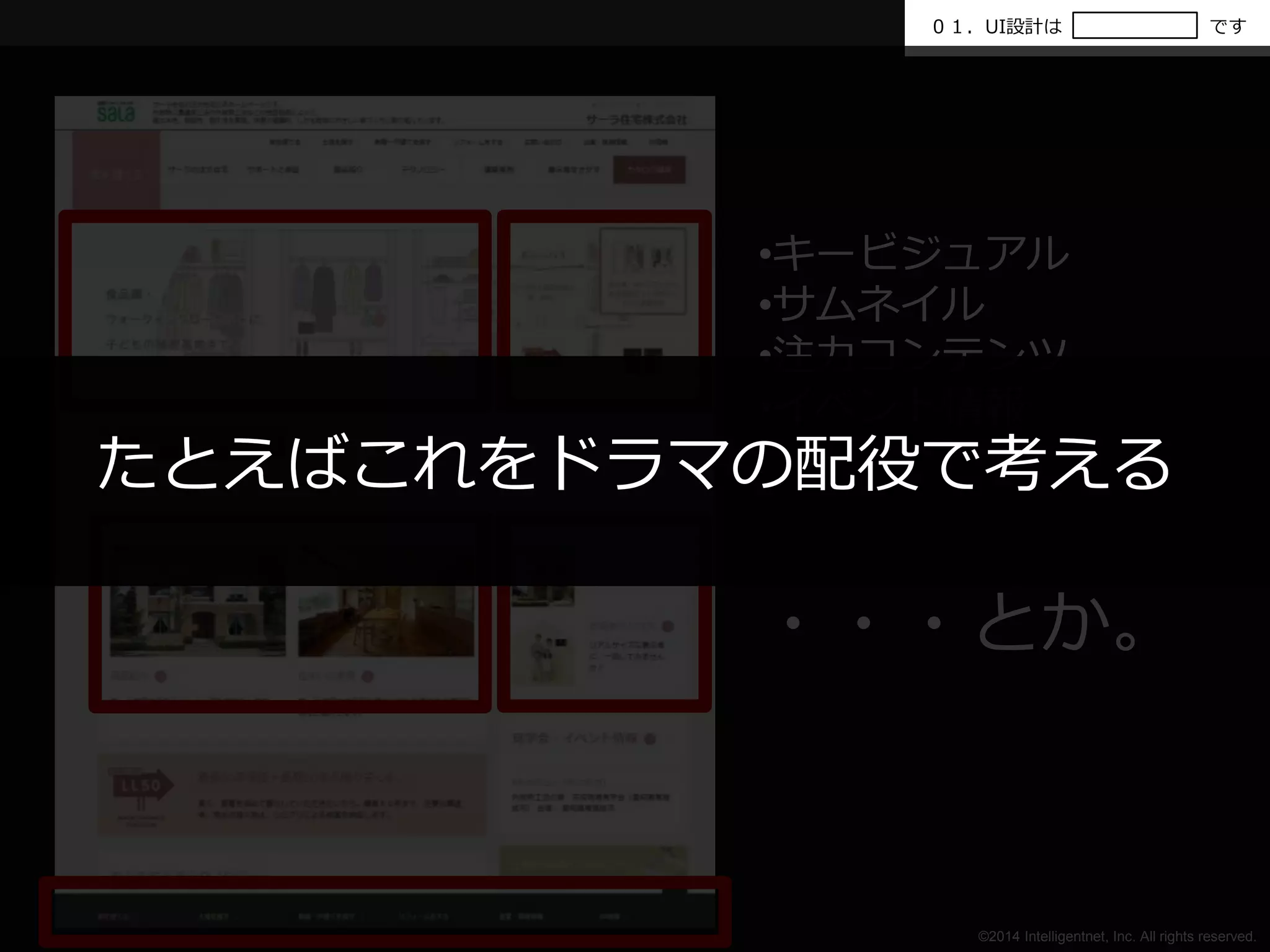 ０１．UI設計はです 
•キービジュアル 
•サムネイル 
•注力コンテンツ 
•イベント情報 
たとえばこれをドラマの配役で考える 
・・・とか。 
©2014 Intelligentnet, Inc. All rights reserved. 
 