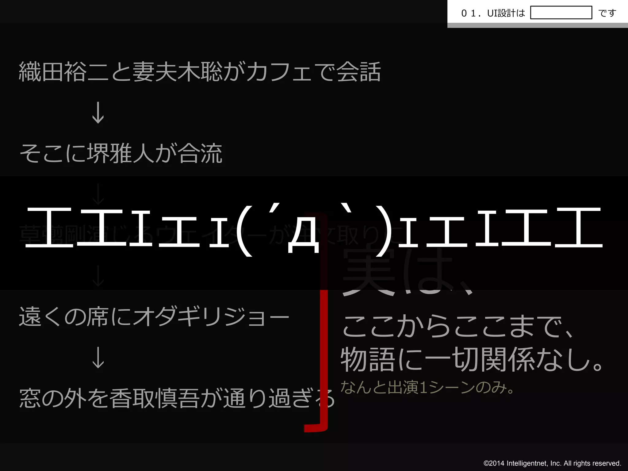 ０１．UI設計はです 
工エｴェｪ(´д｀)ｪェｴエ工 
©2014 Intelligentnet, Inc. All rights reserved. 
織田裕二と妻夫木聡がカフェで会話 
↓ 
そこに堺雅人が合流 
↓ 
草彅剛演じるウェイターが注文取りに 
↓ 
遠くの席にオダギリジョー 
↓ 
窓の外を香取慎吾が通り過ぎる 
実は、 
ここからここまで、 
物語に一切関係なし。 
なんと出演1シーンのみ。 
 