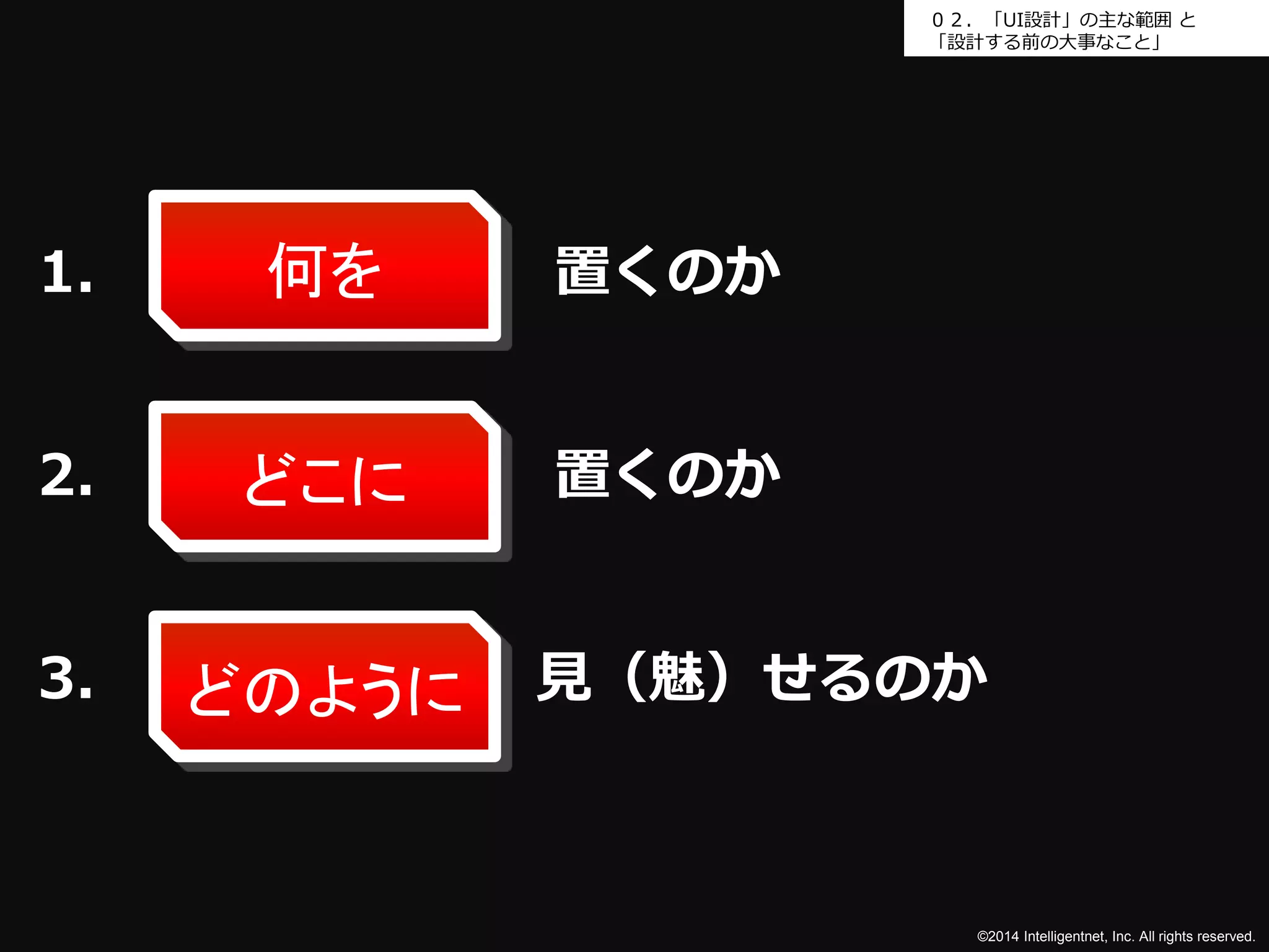 ０２．「UI設計」の主な範囲と 
「設計する前の大事なこと」 
3. 見（魅）せるのか 
©2014 Intelligentnet, Inc. All rights reserved. 
何を 
1. 置くのか 
2. 置くのか 
どこに 
どのように 
 