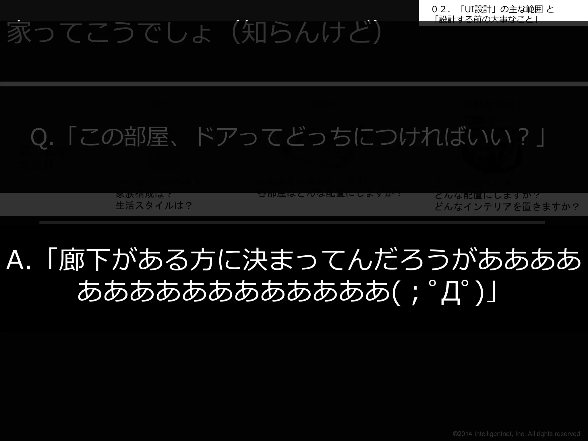０２．「UI設計」の主な範囲と 
「設計する前の大事なこと」 
各部屋の設計 
Q.「この部屋、ドアってどっちにつければいい？」 
©2014 Intelligentnet, Inc. All rights reserved. 
家ってこうでしょ（知らんけど） 
使う人 
どんな人が住みますか？ 
家族構成は？ 
生活スタイルは？ 
家（住宅） 
の設計 
設計図 
どんな全体構造にしますか？ 
各部屋はどんな配置にしますか？ 
どんな部屋にしますか？ 
どんな配置にしますか？ 
どんなインテリアを置きますか？ 
A.「廊下がある方に決まってんだろうがああああ 
ああああああああああああ(；ﾟДﾟ)」 
 