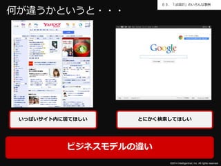 ０３．「UI設計」のいろんな事例 
いっぱいサイト内に居てほしいとにかく検索してほしい 
©2014 Intelligentnet, Inc. All rights reserved. 
何が違うかというと・・・ 
ビジネスモデルの違い 
 