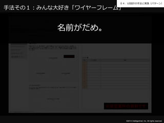 ０４．UI設計の手法と実践（パターン） 
手法その１：みんな大好き「ワイヤーフレーム」 
※架空案件の資料です 
©2014 Intelligentnet, Inc. All rights reserved. 
名前がだめ。 
 