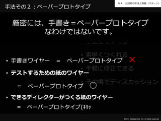 ０４．UI設計の手法と実践（パターン） 
厳密には、手書き＝ペーパープロトタイプ 
• 手書きワイヤー＝ ペーパープロトタイプ× 
©2014 Intelligentnet, Inc. All rights reserved. 
手法その２：ペーパープロトタイプ 
なわけではないです。 
• 手書きでつくる 
• 素早くつくれる 
• 手軽に修正できる 
• テストするための紙のワイヤー 
• その場でディスカッション 
＝ ペーパープロトタイプ○ 
• できるディレクターがつくる紙のワイヤー 
＝ ペーパープロトタイプ(ｷﾘｯ 
 