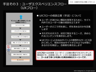 ０４．UI設計の手法と実践（パターン） 
©2014 Intelligentnet, Inc. All rights reserved. 
手法その３：ユーザエクスペリエンスフロー 
（UXフロー） 
 UXフローの仮説立案（手法）について 
 ユーザーが迷わない構造を実現するために、サイト 
内外でのユーザー行動の仮説を立てます 
 ユーザーがどこで何を感じ、何を求めるのかを定義 
します 
 それぞれのタスク、状況で発生するニーズ、求めら 
れるコンテンツを導き出します。 
 UXフローによるWebサイト上の理想的なサービス設 
計に対して、現状のWebサイトがどのような状態に 
あるのかを検証し、改善案を導き出します 
マンション購入を検討している 
（知識あり＆なし） 
サイトにたどり着く 
ブランドについて調べる 
マンション購入ノウハウを調べる 
商品・サービスについて調べる 
実際に商品を見る・体験する 
問い合わせる 
購入 
検討 
繰り返す 
事例や感想について調べる 
ＵＸフローはお客様（ユーザー）と企業の繋がりをスケッチした 
関係図です。お客様に対して、いかに自社最高のサービスを提供 
し、ゴールまで導くかを描いた満足体験のストーリーです。 
 