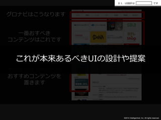 ０１．UI設計はです 
これが本来あるべきUIの設計や提案 
©2014 Intelligentnet, Inc. All rights reserved. 
グロナビはこうなります 
一番おすべき 
コンテンツはこれです 
すべてのユーザーへの 
おすすめコンテンツを 
置きます 
 