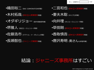 ０１．UI設計はです 
©2014 Intelligentnet, Inc. All rights reserved. 
•織田裕二（BAC CORPORATION所属） 
•木村拓哉（ジャニーズ事務所所属） 
•オダギリジョー（鈍牛倶楽部所属） 
•堺雅人（田辺エージェンシー所属） 
•佐藤浩市（テアトル・ド・ポッシュ所属） 
•長瀬智也（ジャニーズ事務所所属） 
•二宮和也（ジャニーズ事務所所属） 
•妻夫木聡（ホリプロ所属） 
•向井理（ホリエージェンシー所属） 
•草彅剛（ジャニーズ事務所所属） 
•香取慎吾（ジャニーズ事務所所属） 
•唐沢寿明（奥さんも研音所属） 
結論：ジャニーズ事務所はすごい 
 