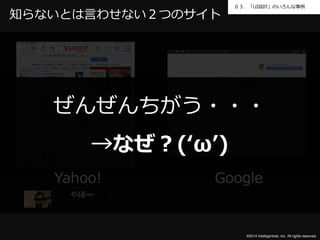 ０３．「UI設計」のいろんな事例 
知らないとは言わせない２つのサイト 
ぜんぜんちがう・・・ 
→なぜ？(‘ω’) 
Yahoo! Google 
©2014 Intelligentnet, Inc. All rights reserved. 
やほー 
 