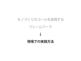 モノづくりのゴールを実現する 
フレームワーク 
↓ 
現場での実践方法 
 