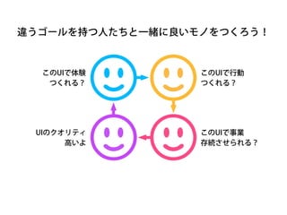 違うゴールを持つ人たちと一緒に良いモノをつくろう！ 
ユーザーの 
体験 
ユーザーの 
行動 
このUIで行動 
つくれる？ 
このUIで事業 
存続させられる？ 
このUIで体験 
つくれる？ 
UIのクオリティ 
高いよ 
モノ存続可能性 
 