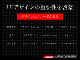UIデザインの重要性を啓蒙 
デザインにもコードがある 
情報設計ワイヤーフレーム色計画アニメーション 
余白タイポグラフィユーザーフローアイコン 
グリッドシグニファイアメンタルモデルコンポーネント 
 