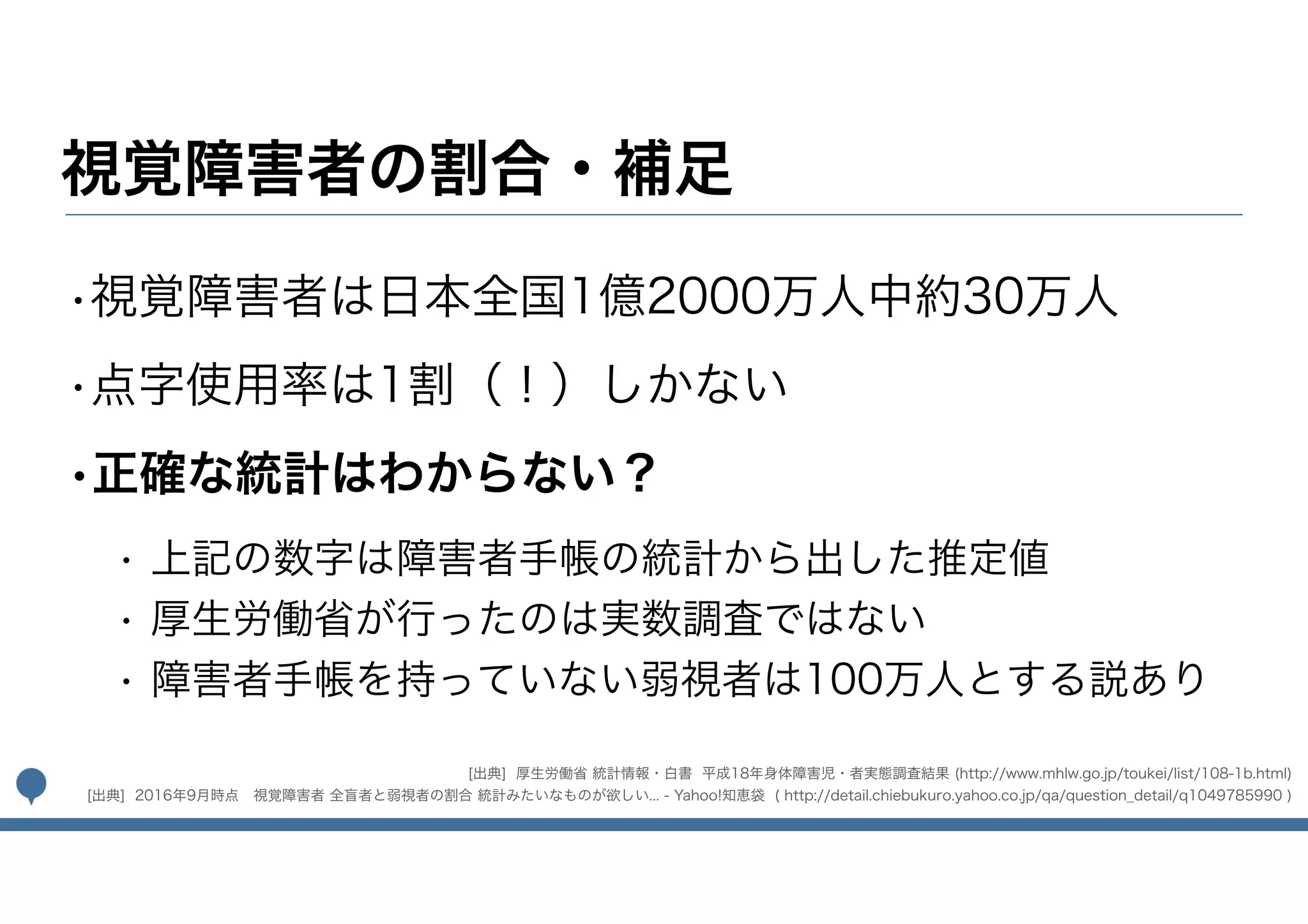 視覚障害者の割合・補足
•視覚障害者は日本全国1億2000万人中約30万人
•点字使用率は1割（！）しかない
•正確な統計はわからない？
• 上記の数字は障害者手帳の統計から出した推定値
• 厚生労働省が行ったのは実数調査ではない
• 障害者手帳を持っていない弱視者は100万人とする説あり
[出典] 厚生労働省 統計情報・白書 平成18年身体障害児・者実態調査結果 (http://www.mhlw.go.jp/toukei/list/108-1b.html) 
[出典] 2016年9月時点　視覚障害者 全盲者と弱視者の割合 統計みたいなものが欲しい... - Yahoo!知恵袋 ( http://detail.chiebukuro.yahoo.co.jp/qa/question_detail/q1049785990 )
 