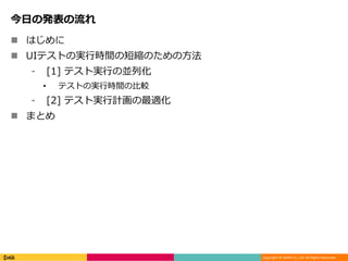Copyright © DeNA Co.,Ltd. All Rights Reserved.
今日の発表の流れ
 はじめに
 UIテストの実行時間の短縮のための方法
⁃ [1] テスト実行の並列化
• テストの実行時間の比較
⁃ [2] テスト実行計画の最適化
 まとめ
 