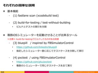 Copyright © DeNA Co.,Ltd. All Rights Reserved.
それぞれの(簡単な)説明
 基本機能
⁃ (1) fastlane scan (xcodebuild test)
⁃ (2) build-for-testing / test-without-building
• ビルドとテストの実行を分割
 複数iOSシミュレーターを起動させることが出来るツール
※注意※ build-for-testingでビルドしたものがある前提
⁃ (3) bluepill / inspired by FBSimulatorControl
• https://github.com/linkedin/bluepill
• 指定したシミュレーター数に応じてテストケースを分割して実行
⁃ (4) pxctest / using FBSimulatorControl
• https://github.com/plu/pxctest
• 複数のシミュレーターで同じテストケースを全て実行
 