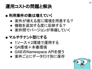 運用コストの問題と解決
■ 利用案件の数は増えていく
● 案件が増える度に環境を用意する？
● 機能を追加する度に反映する？
● 案件間でバージョンが乖離していく
■ マルチテナント型にする
● 1ソース＋2環境で運用する
● QA環境＋本番環境
● GAEのNamespace APIを使う
● 案件ごとにデータだけ別に保存
28
 