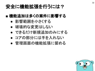 安全に機能拡張を行うには？
■ 機能追加は多くの案件に影響する
● 影響範囲を小さくする
● 破壊的な変更はしない
● できるだけ新規追加のみにする
● コアの部分には手を入れない
● 管理画面の機能拡張に留める
32
 