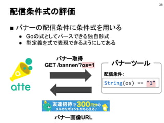 配信条件式の評価
■ バナーの配信条件に条件式を用いる
● Goの式としてパースできる独自形式
● 型定義を式で表現できるようにしてある
38
バナー取得
GET /banner/?os=1
String(os) == "1"
バナー画像URL
配信条件：
バナーツール
 