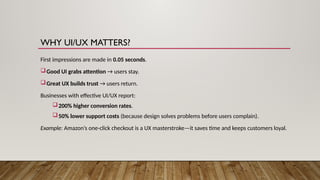 WHY UI/UX MATTERS?
First impressions are made in 0.05 seconds.
Good UI grabs attention → users stay.
Great UX builds trust → users return.
Businesses with effective UI/UX report:
200% higher conversion rates.
50% lower support costs (because design solves problems before users complain).
Example: Amazon’s one-click checkout is a UX masterstroke—it saves time and keeps customers loyal.
 