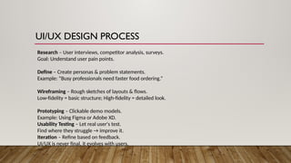 UI/UX DESIGN PROCESS
Research – User interviews, competitor analysis, surveys.
Goal: Understand user pain points.
Define – Create personas & problem statements.
Example: “Busy professionals need faster food ordering.”
Wireframing – Rough sketches of layouts & flows.
Low-fidelity = basic structure; High-fidelity = detailed look.
Prototyping – Clickable demo models.
Example: Using Figma or Adobe XD.
Usability Testing – Let real user's test.
Find where they struggle → improve it.
Iteration – Refine based on feedback.
UI/UX is never final, it evolves with users.
 