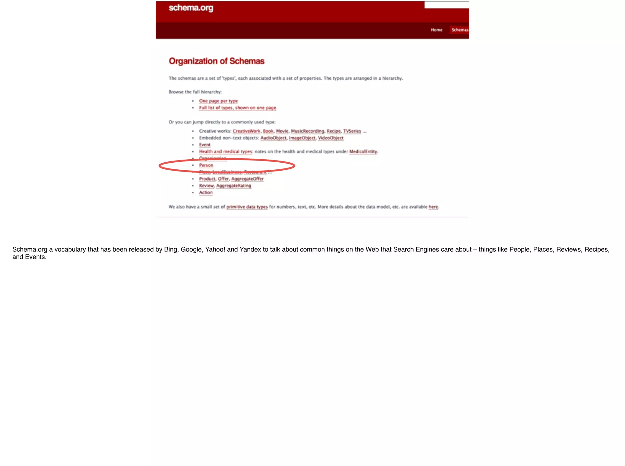88
Schema.org a vocabulary that has been released by Bing, Google, Yahoo! and Yandex to talk about common things on the Web that Search Engines care about – things like People, Places, Reviews, Recipes,
and Events.
 