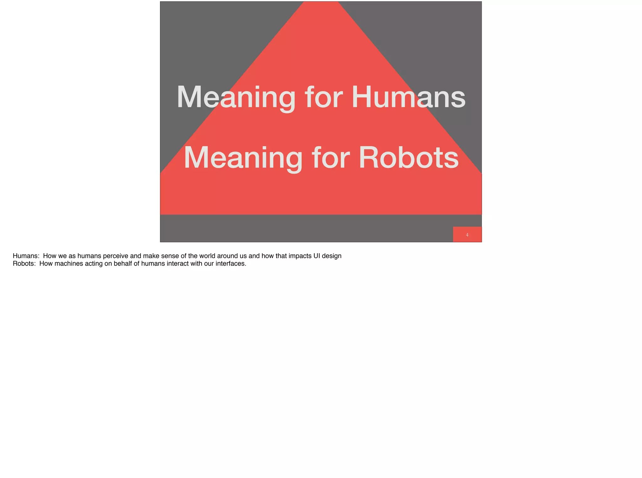4
Meaning for Humans
Meaning for Robots
Humans: How we as humans perceive and make sense of the world around us and how that impacts UI design
Robots: How machines acting on behalf of humans interact with our interfaces.
 